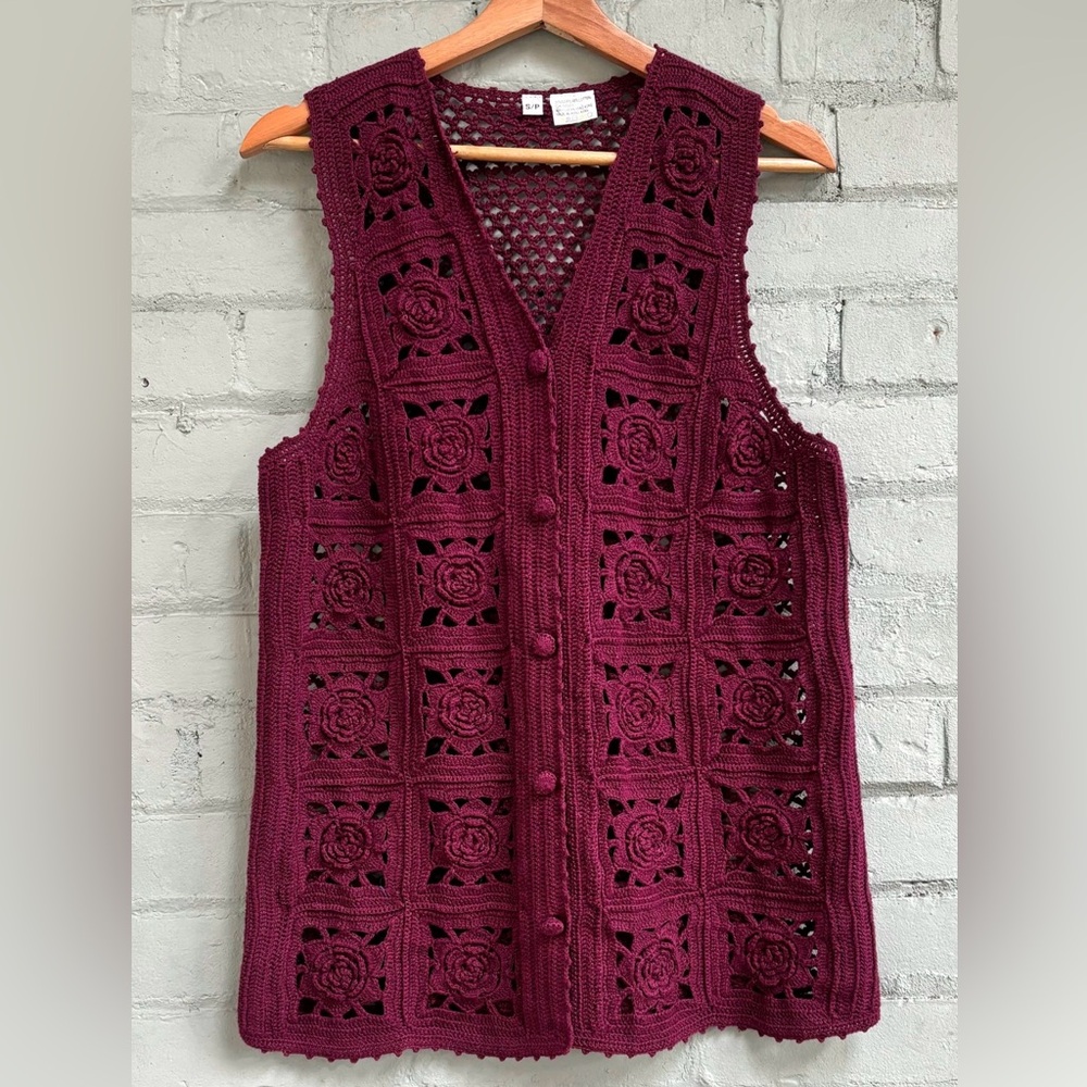 Vintage Burgundy Boho Crochet Vest